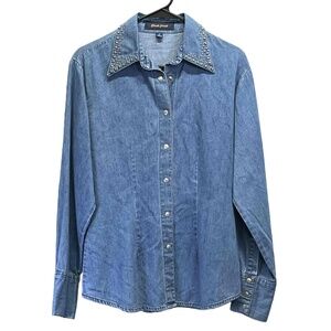 Guess Womens Vintage Denim Studded Collar Long Sleeve Snap Down‎ Shirt Medium
